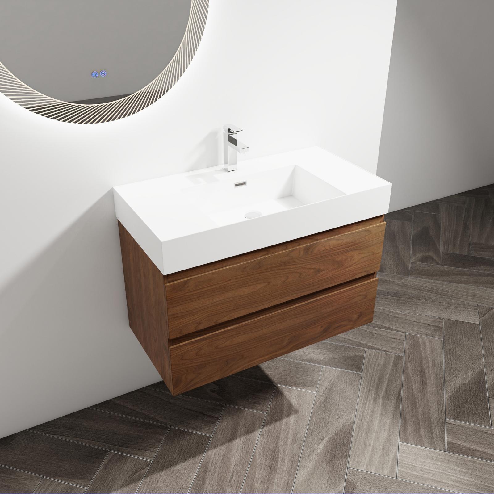 36 inch Bathroom Vanity Wall Mounted W/ Undermount Resin Sink + 2 Drawers Brown