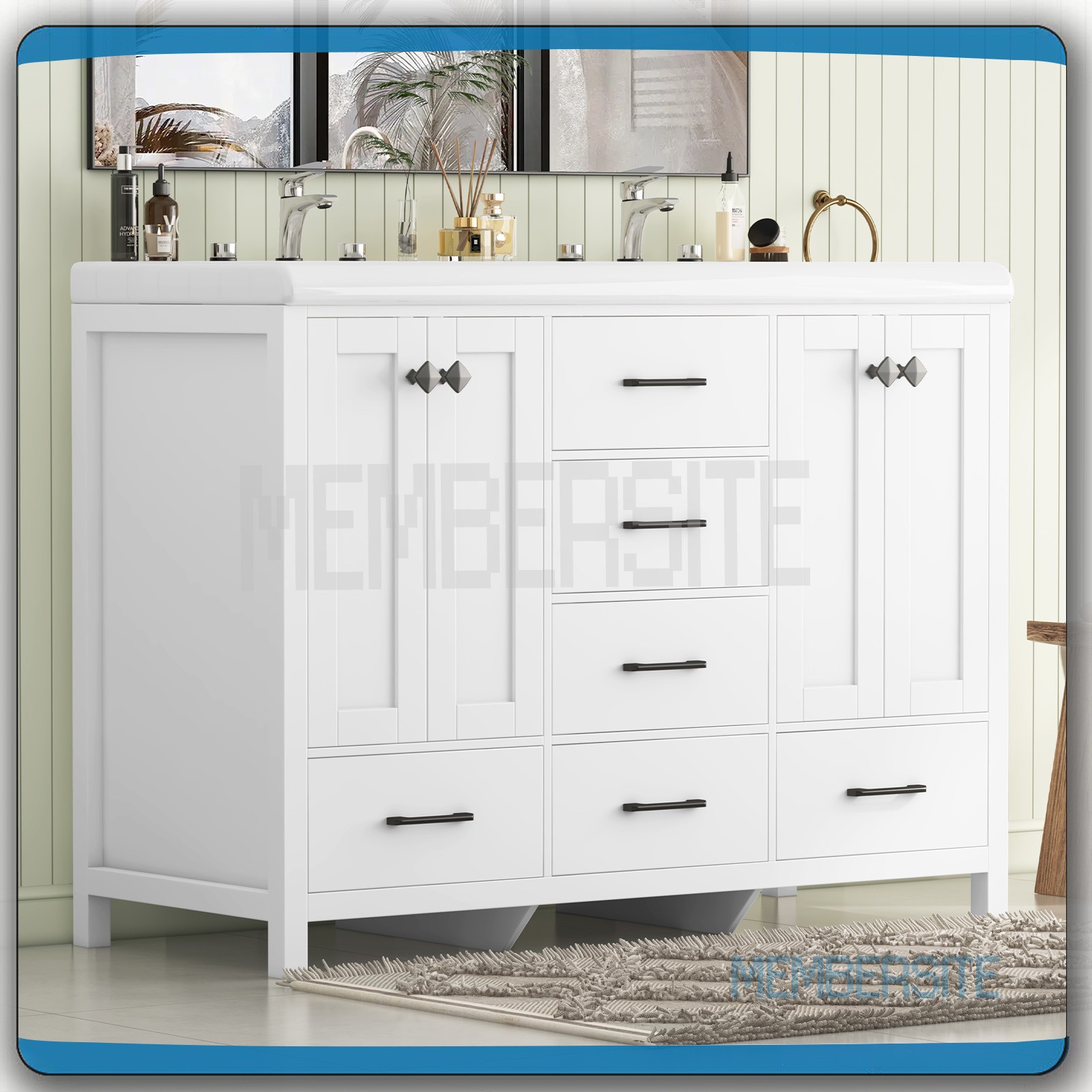 47.3″ Bathroom Vanity w/ Double Sinks Ceramic Cabinet and 5 Drawers Freestanding