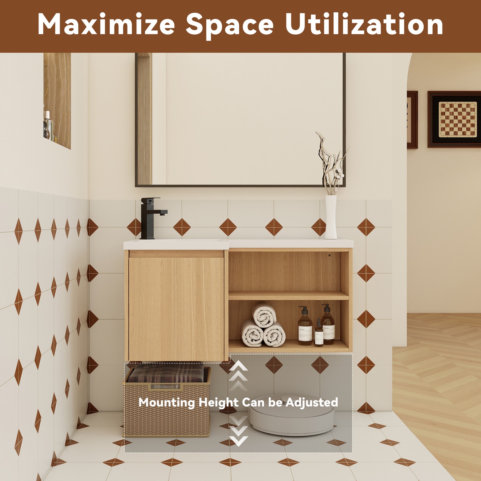 36″ Corner Floating Bathroom Vanity with Integrated Sink, Light Oak