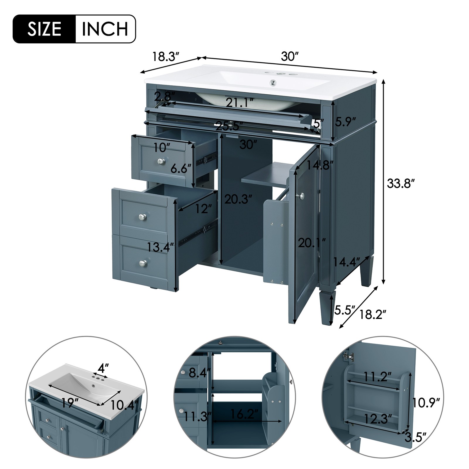 30″ Bathroom Vanity with Top Sink, 2 Drawers & Tip-Out Drawer