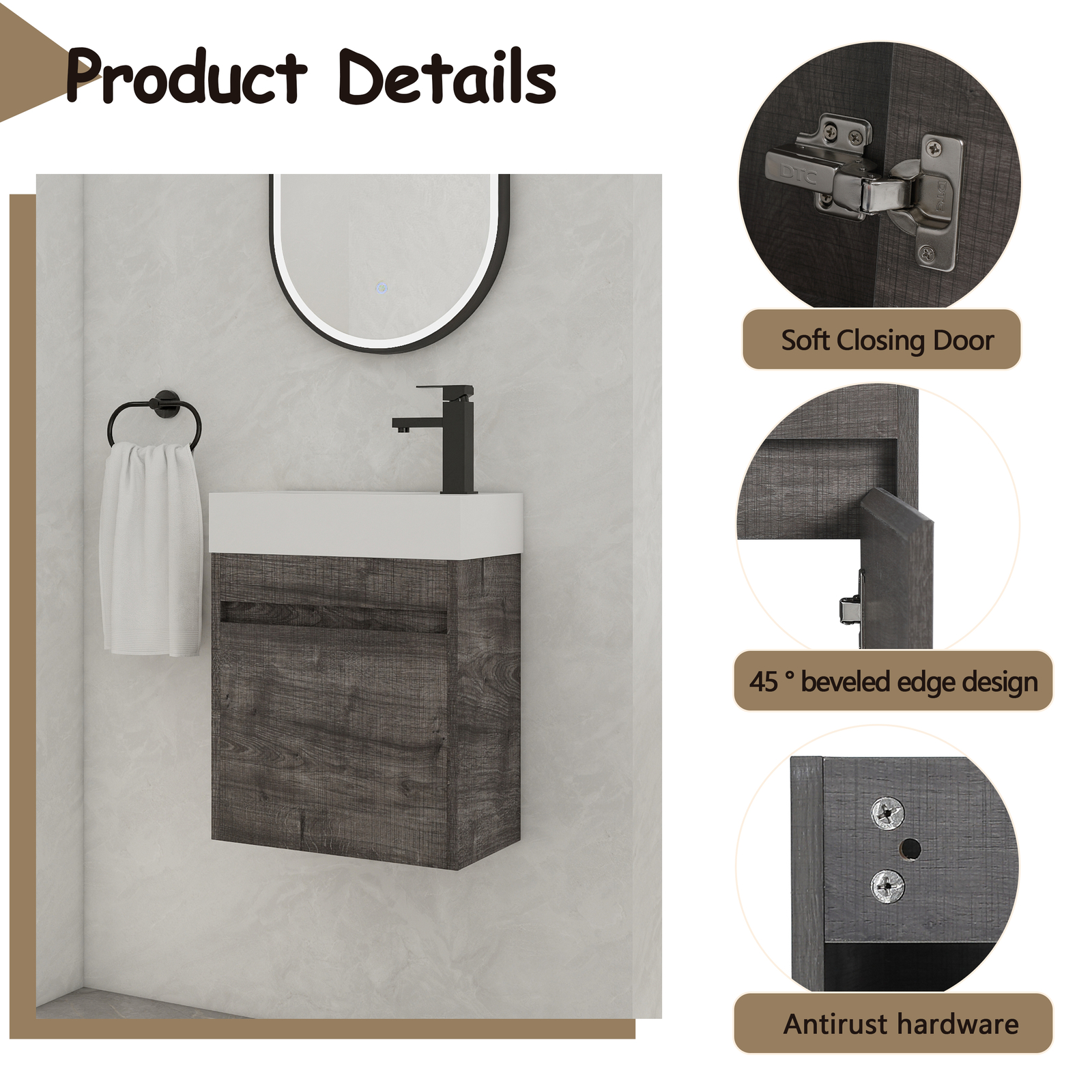 18in Wall Mounted Floating Bathroom Vanity Cabinet W/Resin Sink Small Space Gray