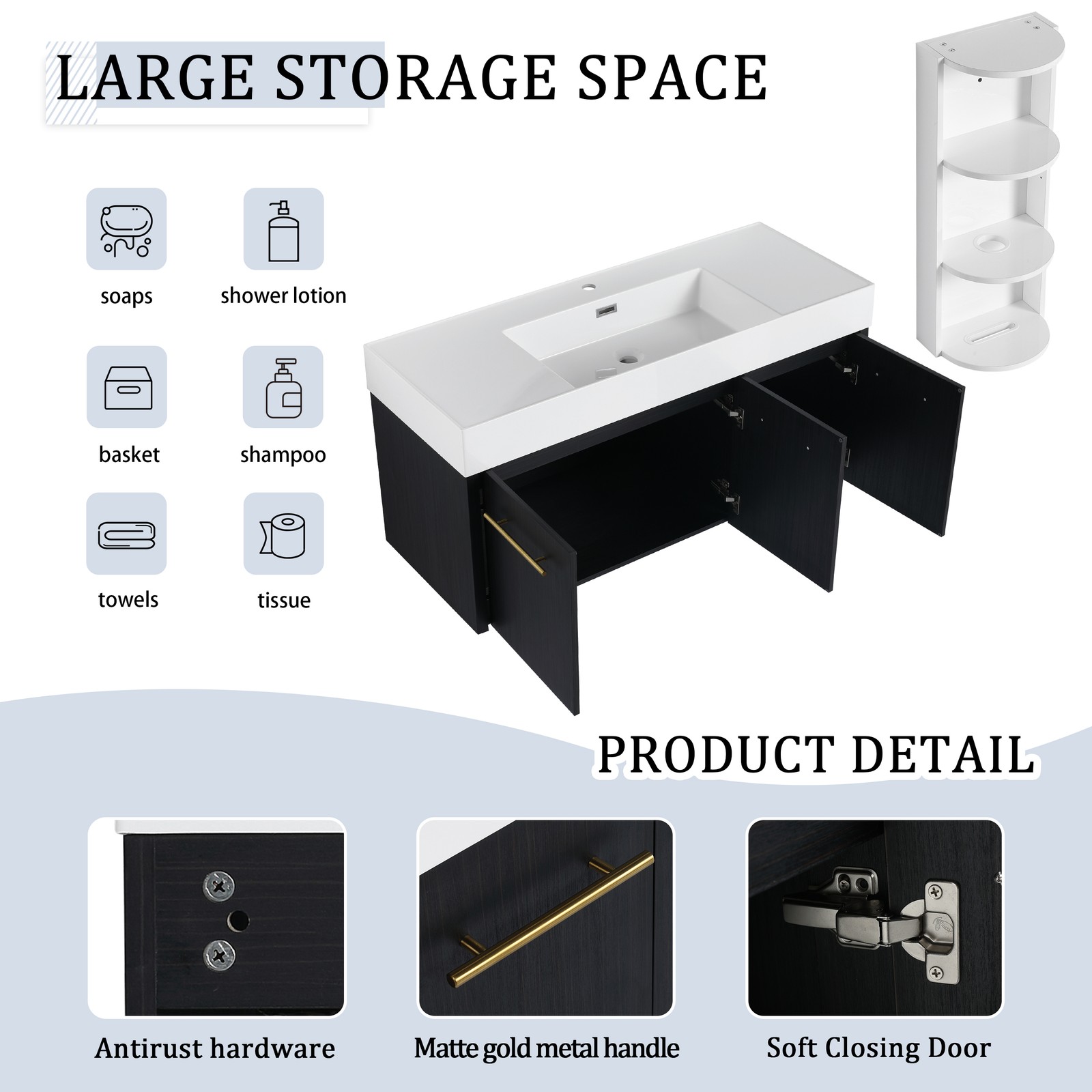 48 Inch Plywood Wall-Mounted Bathroom Vanity with Resin Sink + Side Storage Rack