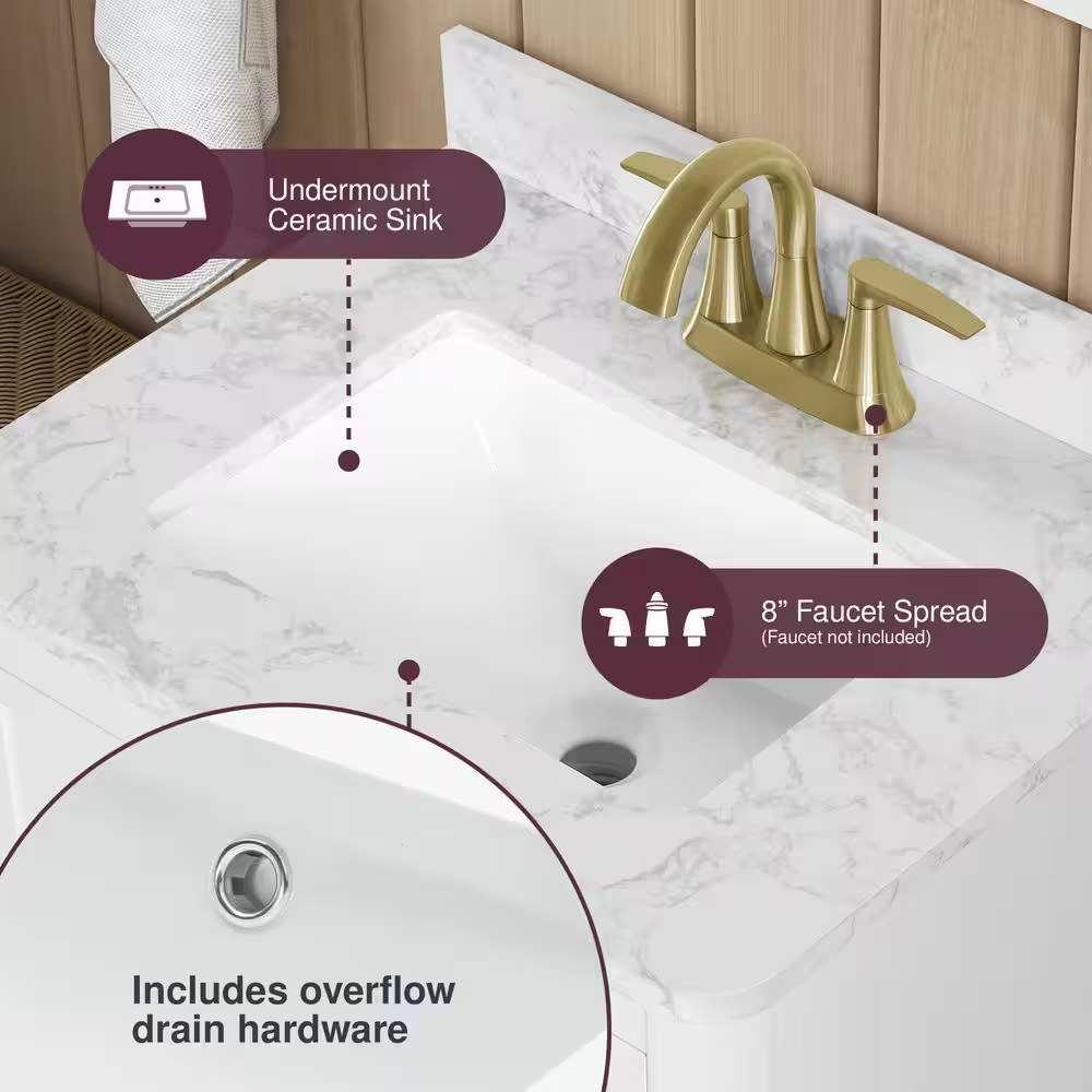 Tamsin 24 In. Single Sink Freestanding White Bath Vanity with White round Corner