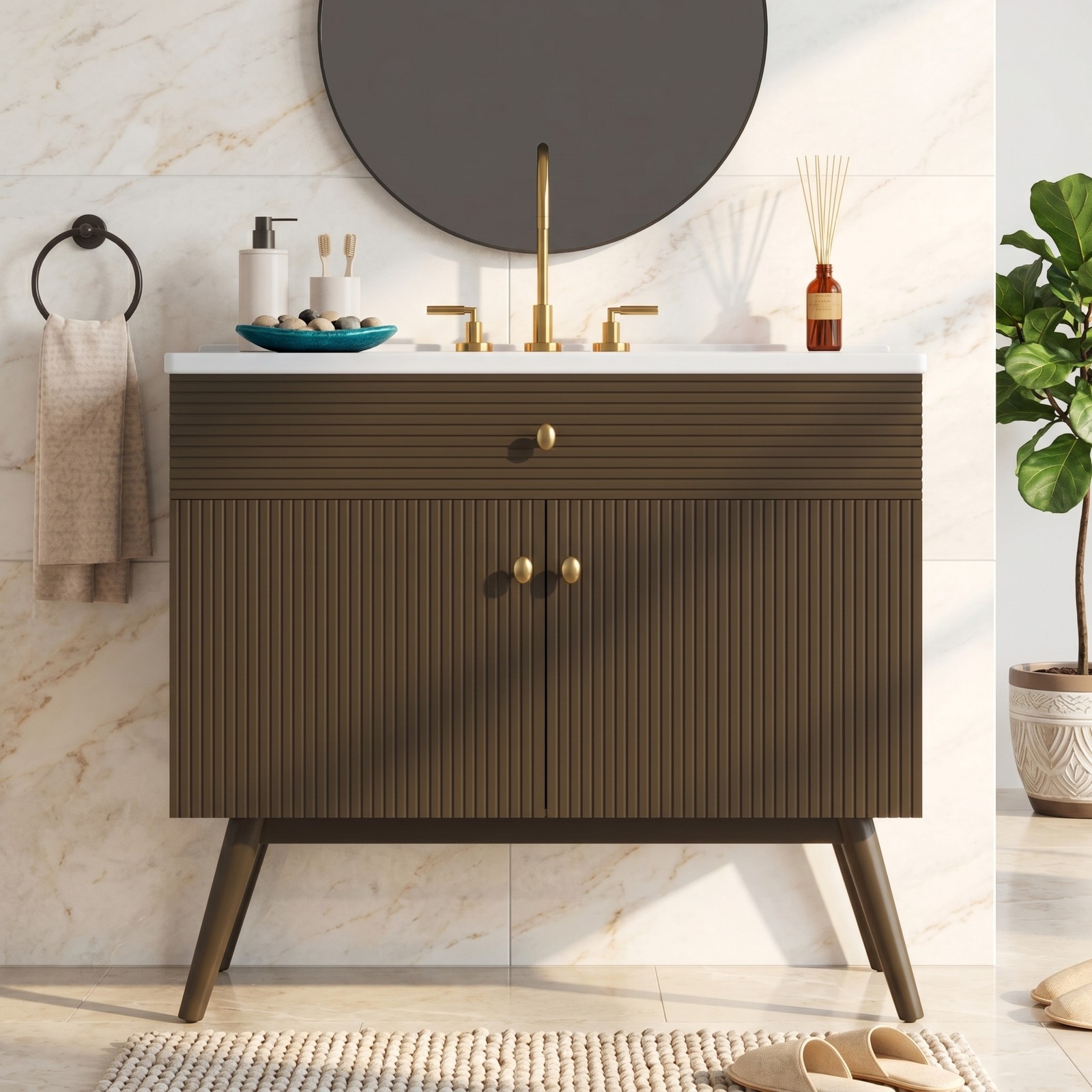 36″ Striped Bathroom Vanity, Soft-Close Dual-Door & Ceramic Sink, Dark Brown