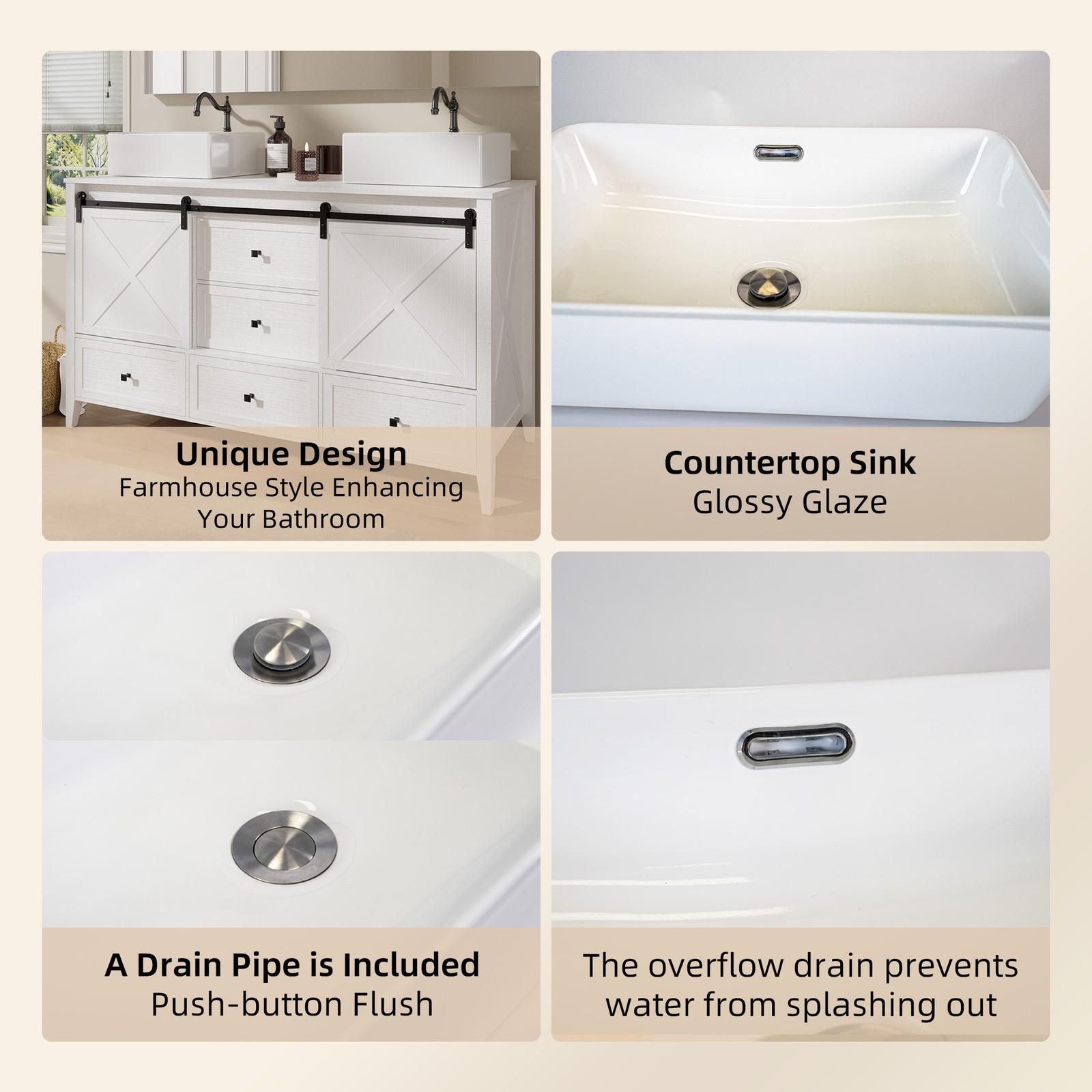 60″ Bathroom Vanity Combo Storage Cabinet FloorStanding w/Sink Set White Wood