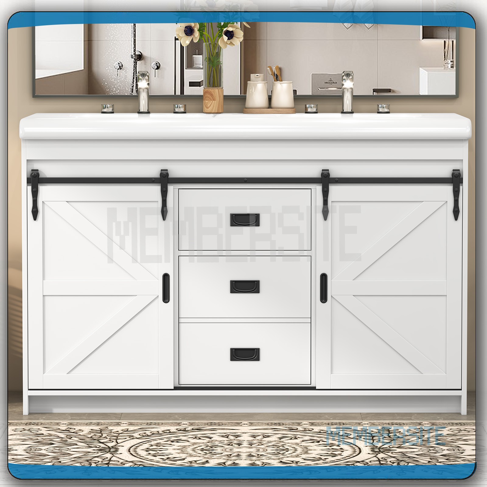 Bathroom Vanity Cabinet w/2 Ceramic Sink Combo 2 Sliding Door 47.3″ Vanity White