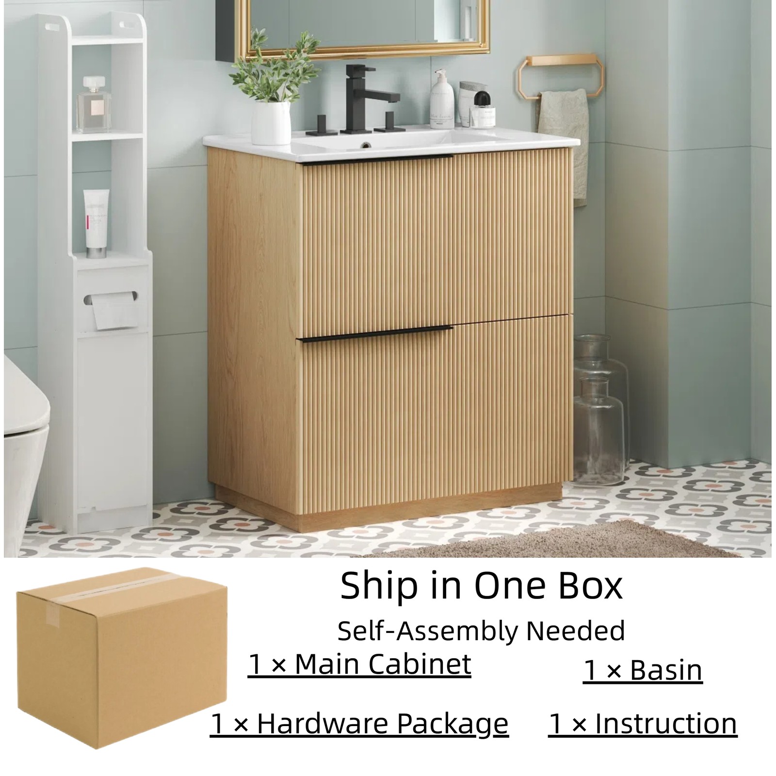 30″ Bathroom Vanity with Ceramic Sink, Soft Close Drawers, Fluted Design