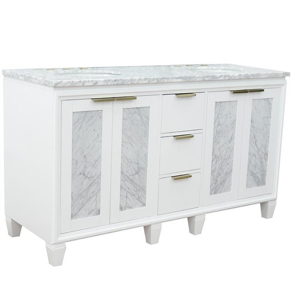 Pemberly Row 61″ Double Oval Sink Solid Wood Vanity in White/White Carrara