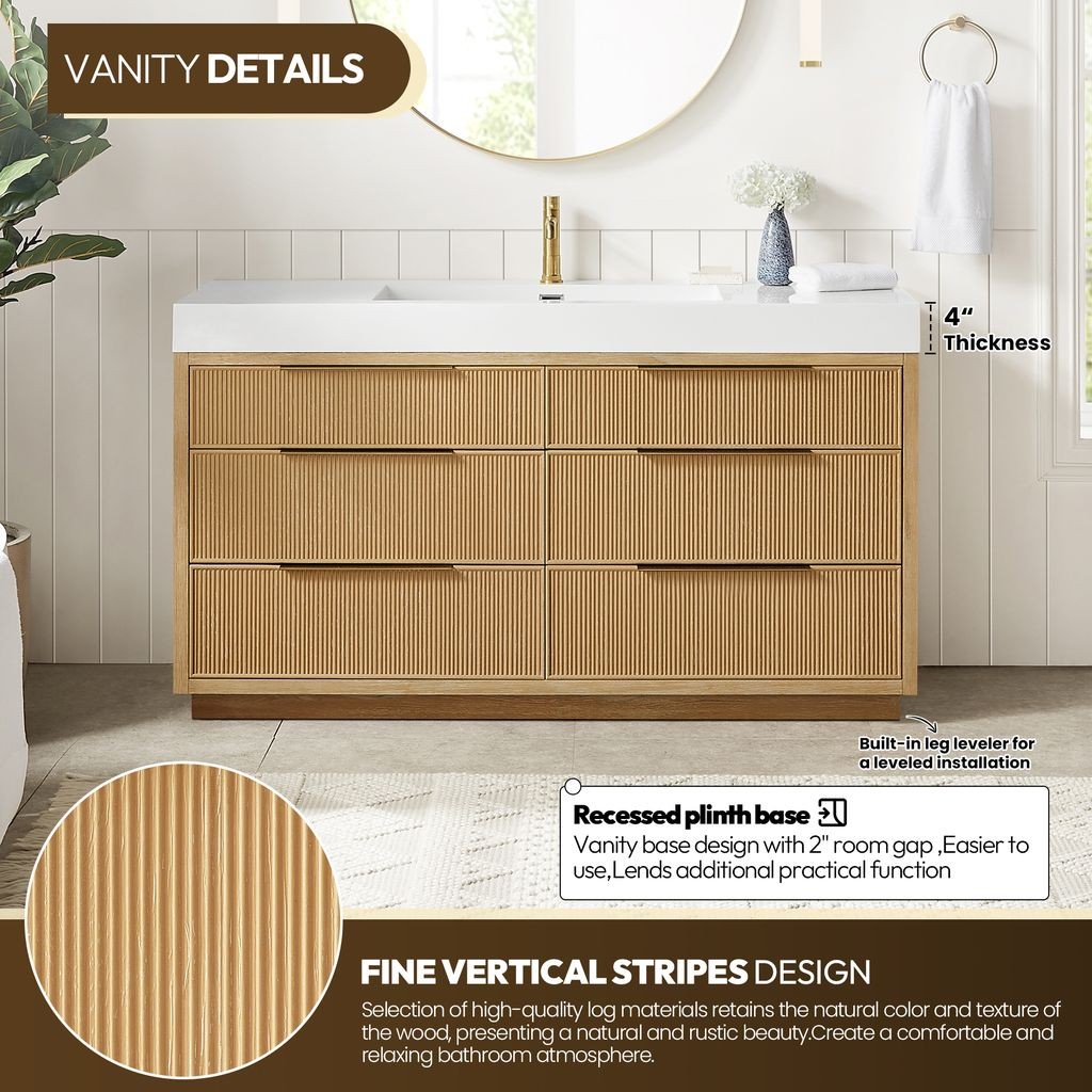 Hohhot 60″ Single Bath Vanity in Washed Ash Grey with White Stone Top