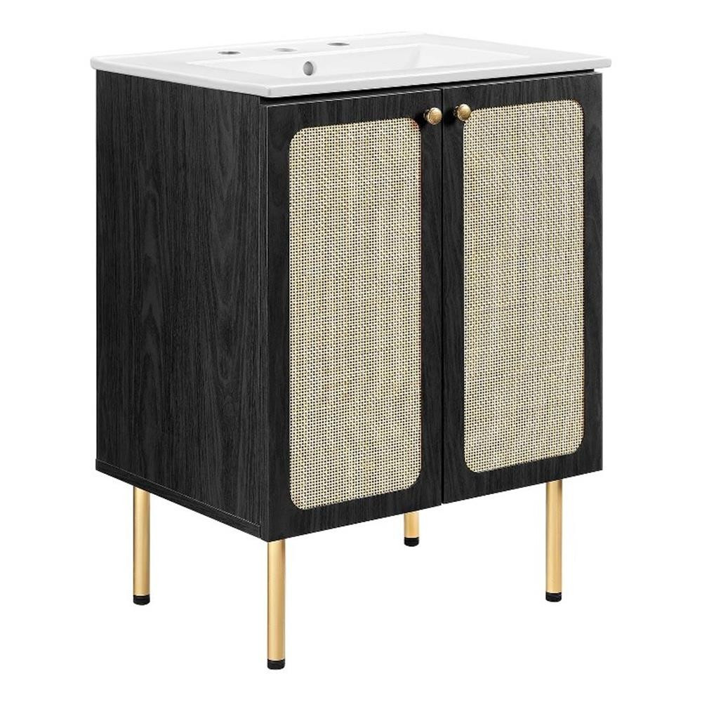 Modway Chaucer 24″ Wood & Rattan Bathroom Vanity in Black/White
