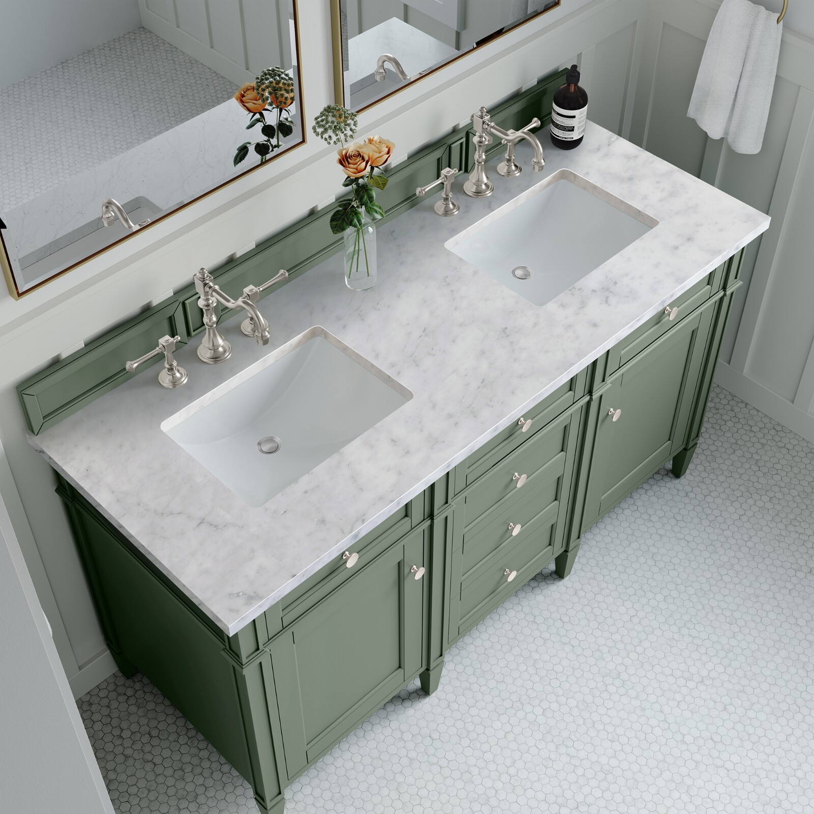 60″ James Martin Brittany Sage Green Double Bathroom Vanity + White Marble Top