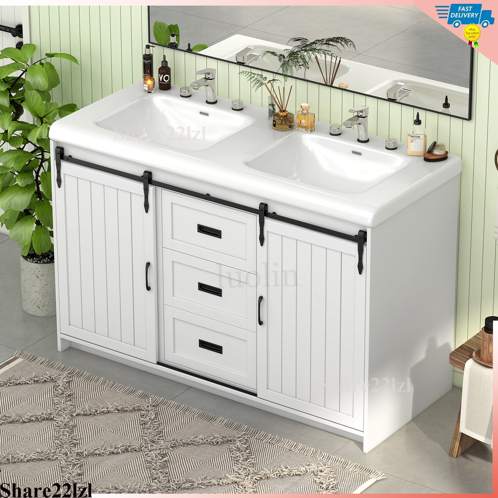 47″ Bathroom Vanity With Double Sink Cabinet Ceramic Basin Under White No Mirror