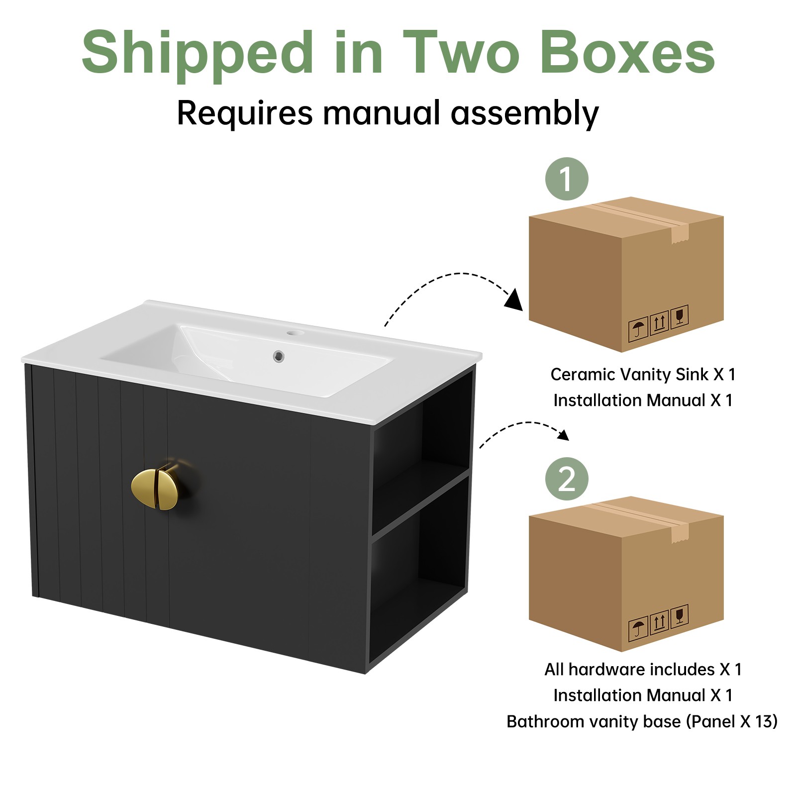 30″ Blcak Wall Mounted Bathroom Vanity Cabinet with Ceramic Sink & 2 Doors