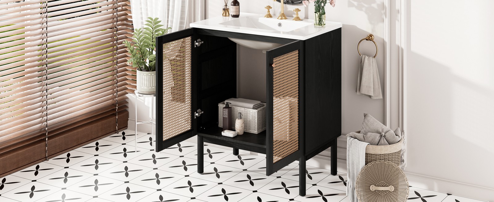 30-inch Bathroom Vanity w/Ceramic Sink Storage Cabinet w/Soft-Close Rattan Door