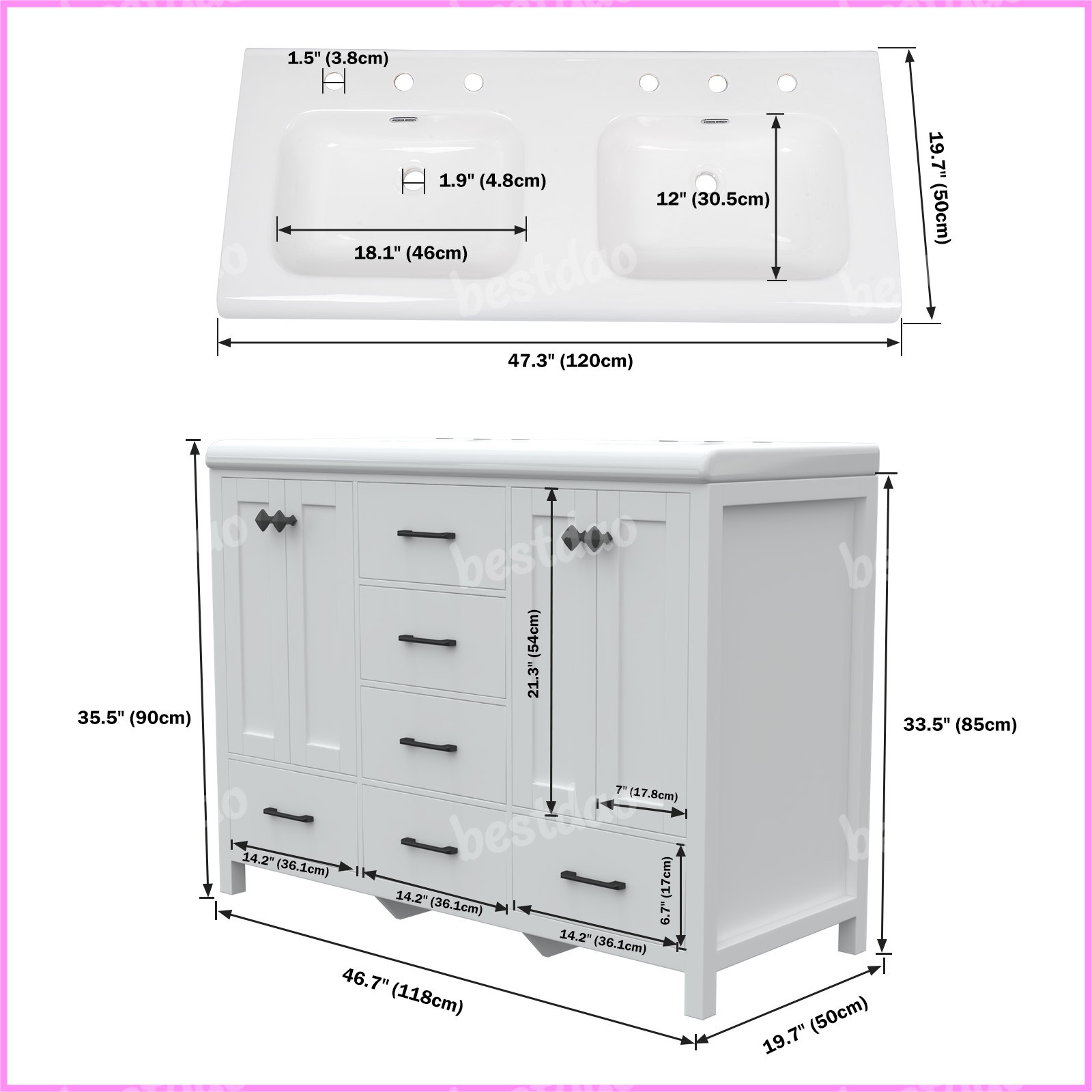 White 47″ Bathroom Vanity Storage Cabinet with Double Ceramic Sink Freestanding