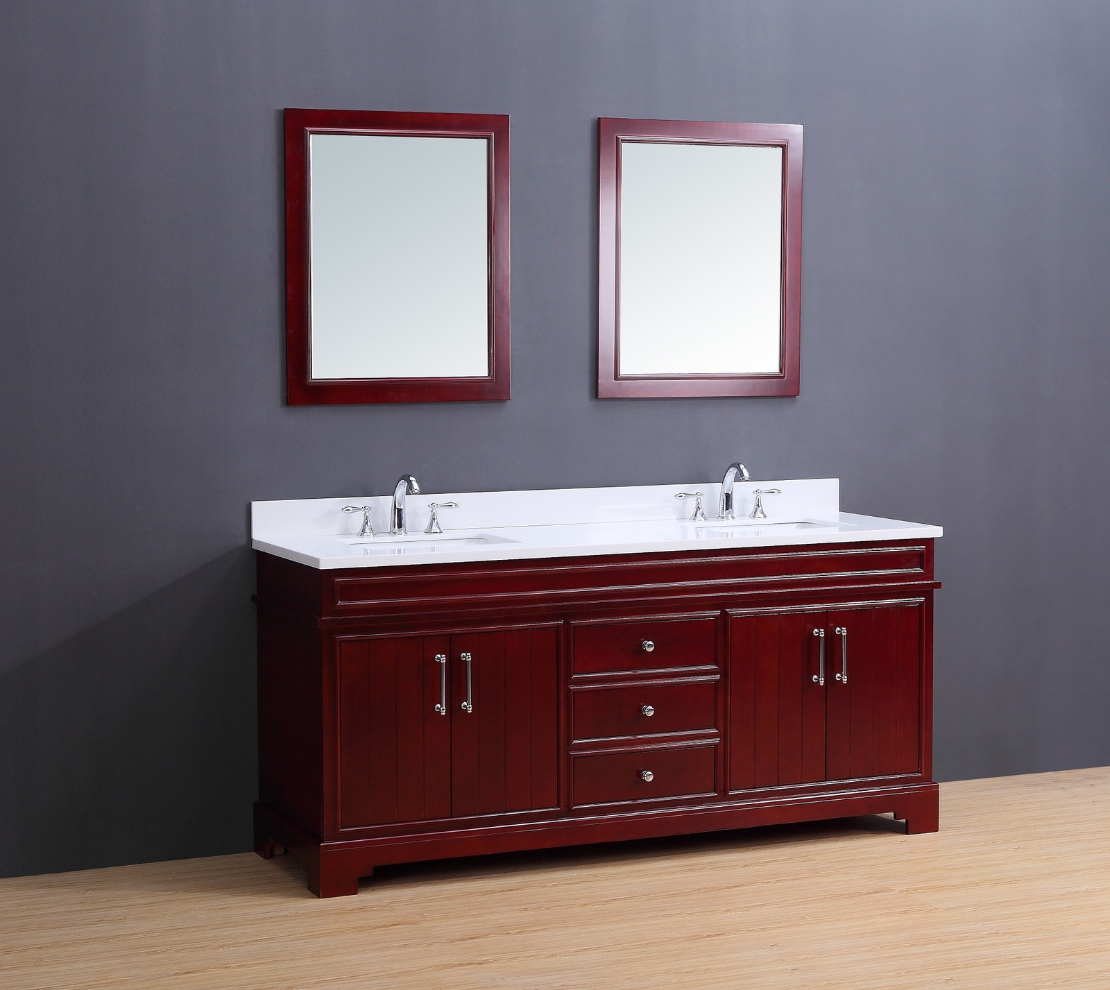 72″ Transitional Bathroom Vanity Set – White Quartz Top – Cherry Finish – Marina