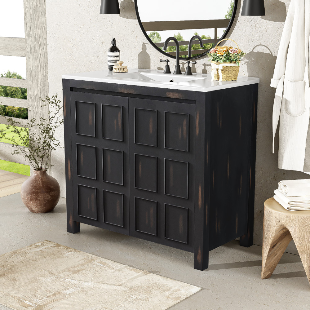 36″ Vintage Bathroom Vanity w/Ceramic Sink,Solid Wood Frame,Soft Close Doors