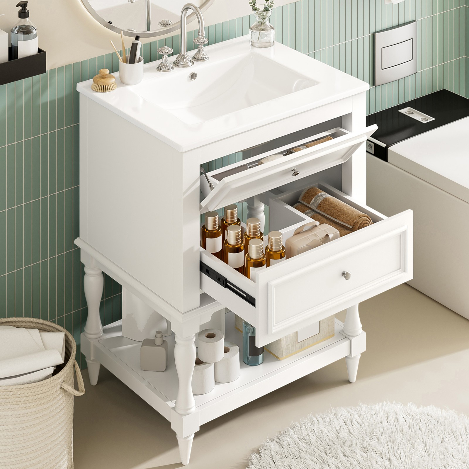 FUNIDEE 24″ Bathroom Vanity with Ceramic Sink Storage Cabinet with 2 Drawers