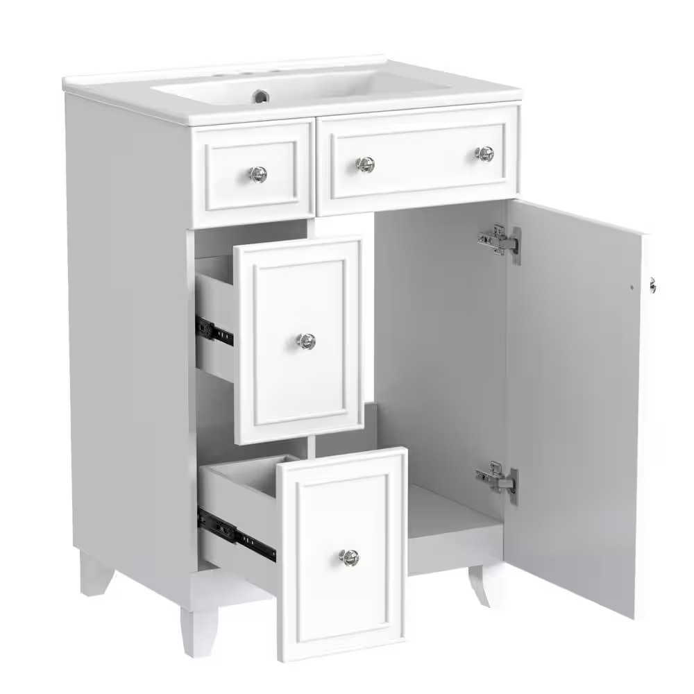 24 In. W Single Sink Freestanding Bath Vanity in White with White Ceramic Top an