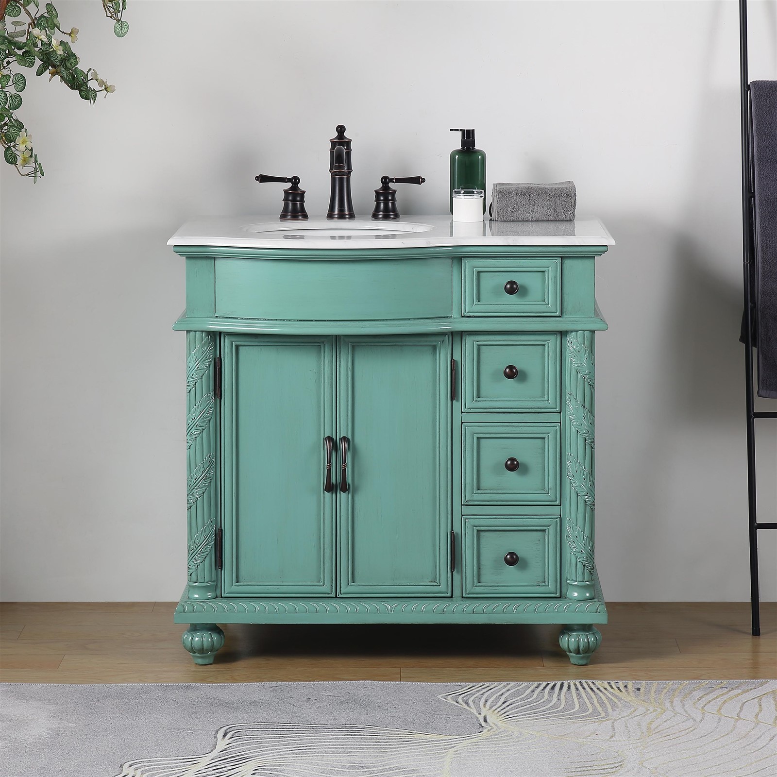 36″ Vintage Green Carrara Top Bathroom Left Sink Cabinet Single Vanity