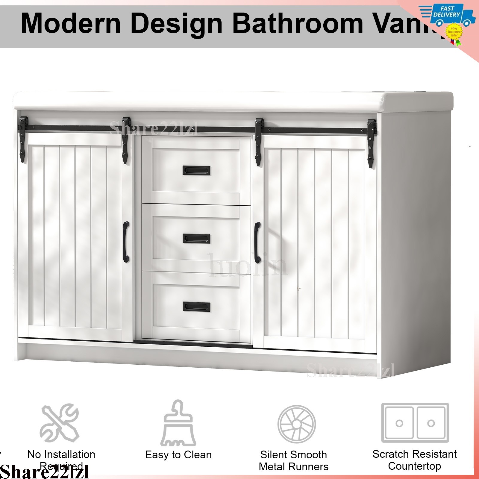 47″ Bathroom Vanity Cabinet, Double Ceramic Sink, 2 Drawers, 2 Sliding Doors