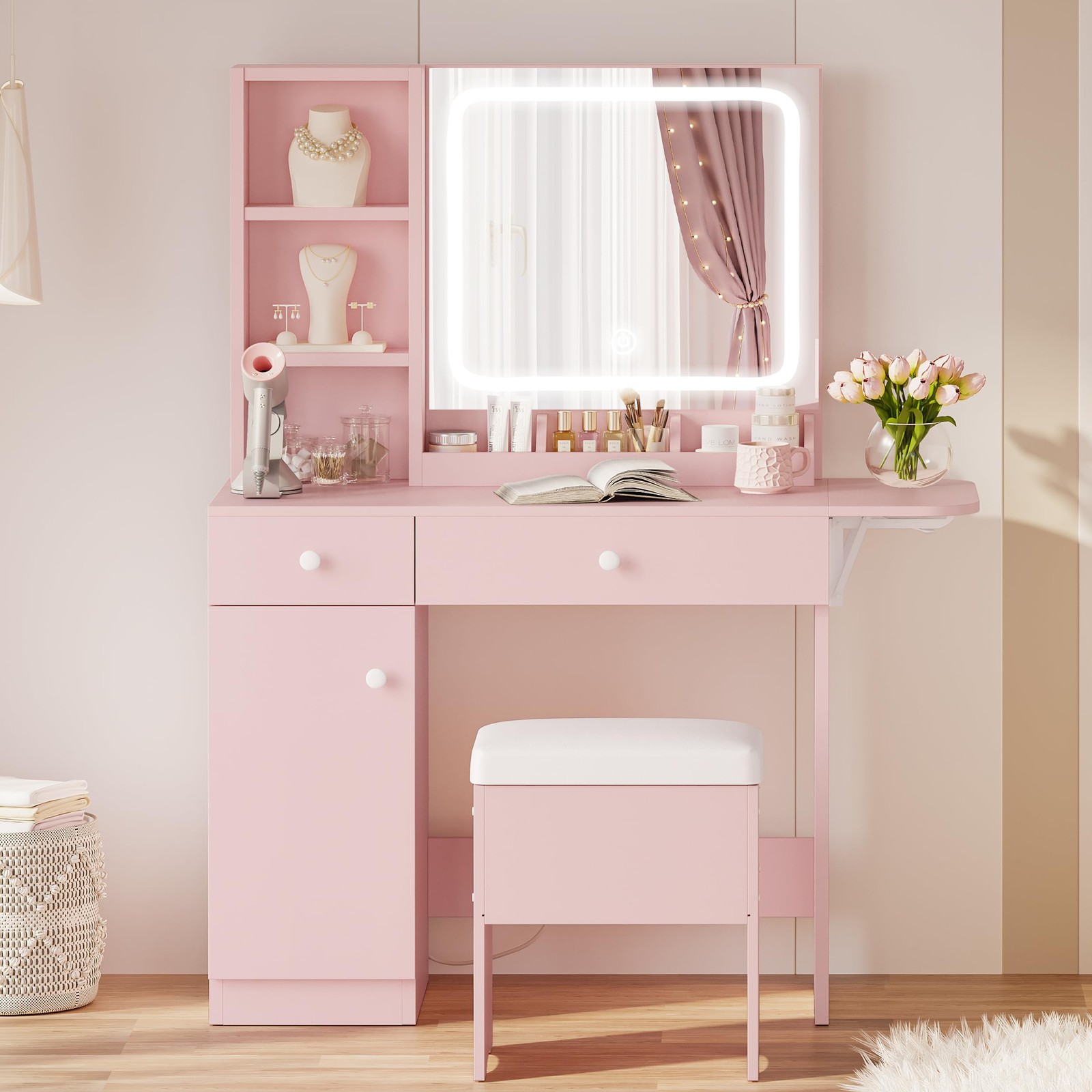 LED Lighted Vanity Desk Set with Mirror Power Outlet Drawers Cabinet Stool Pink
