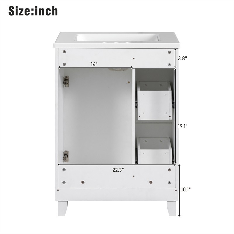 24″ White Bathroom Vanity Cabinet with Ceramic Sink,2 Drawers,1 Soft-Close Door