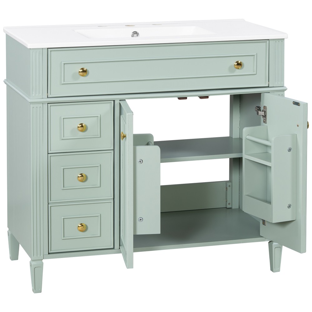 36 Inch Bathroom Vanity with Sink, Green Solid Wood Cabinet with Flip-Out Drawer