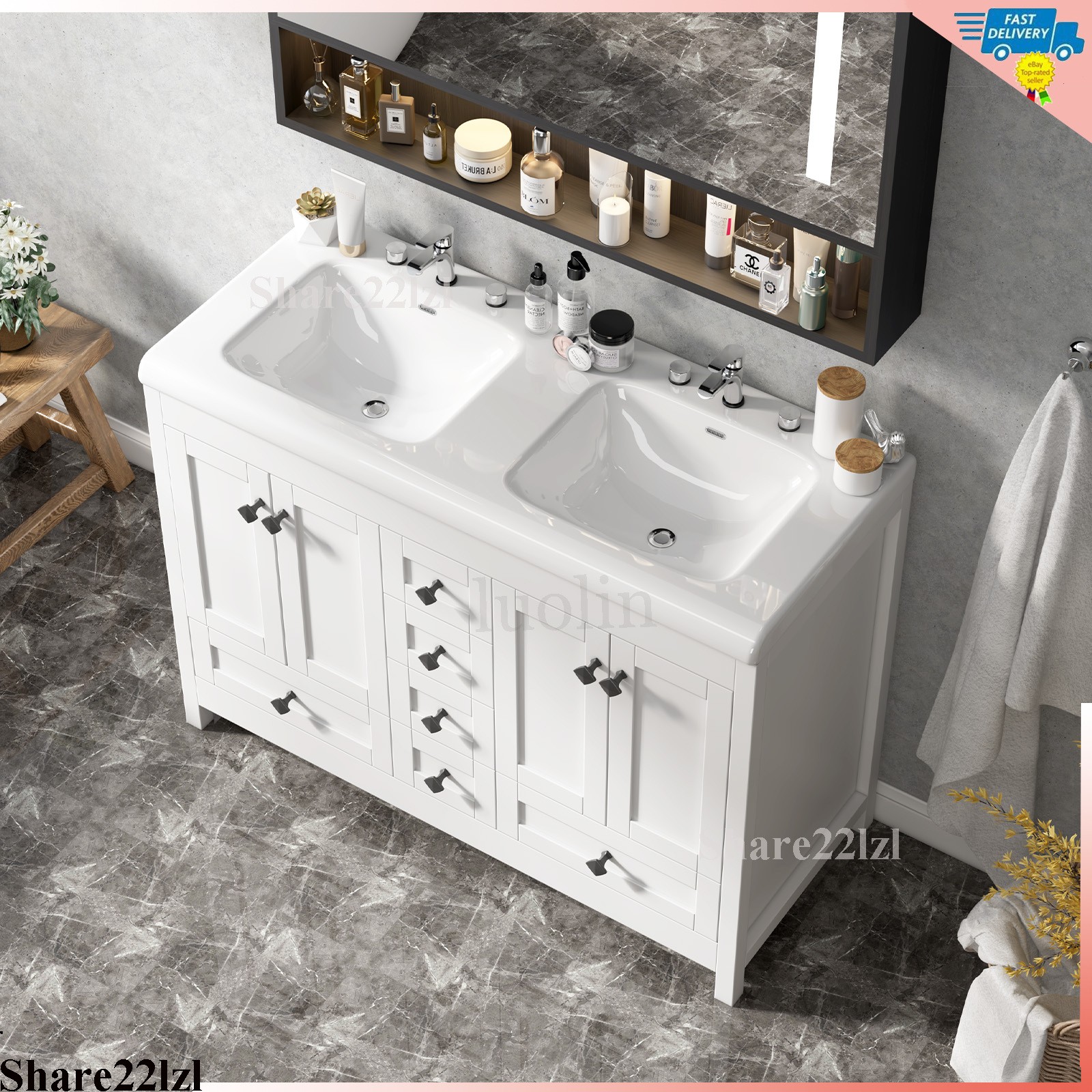 White 47inch Bathroom Vanity Bathroom Storage Cabinet with Double Ceramic Sink