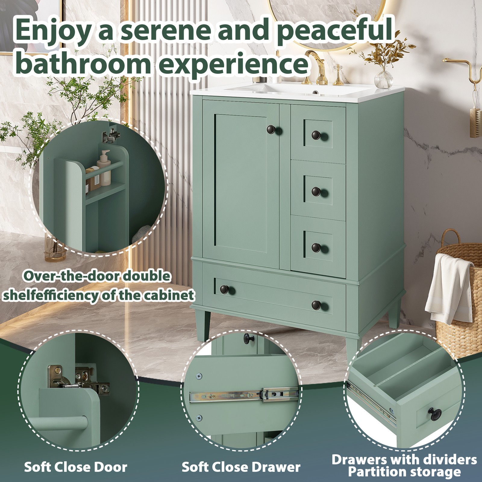 24″ Wood Bathroom Vanity Storage Cabinet with Ceramic Sink & Soft-Close Drawers