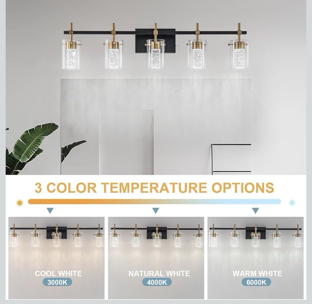 Bathroom Light Fixtures Black and Gold, 5 Light Bathroom Vanity Light, Modern