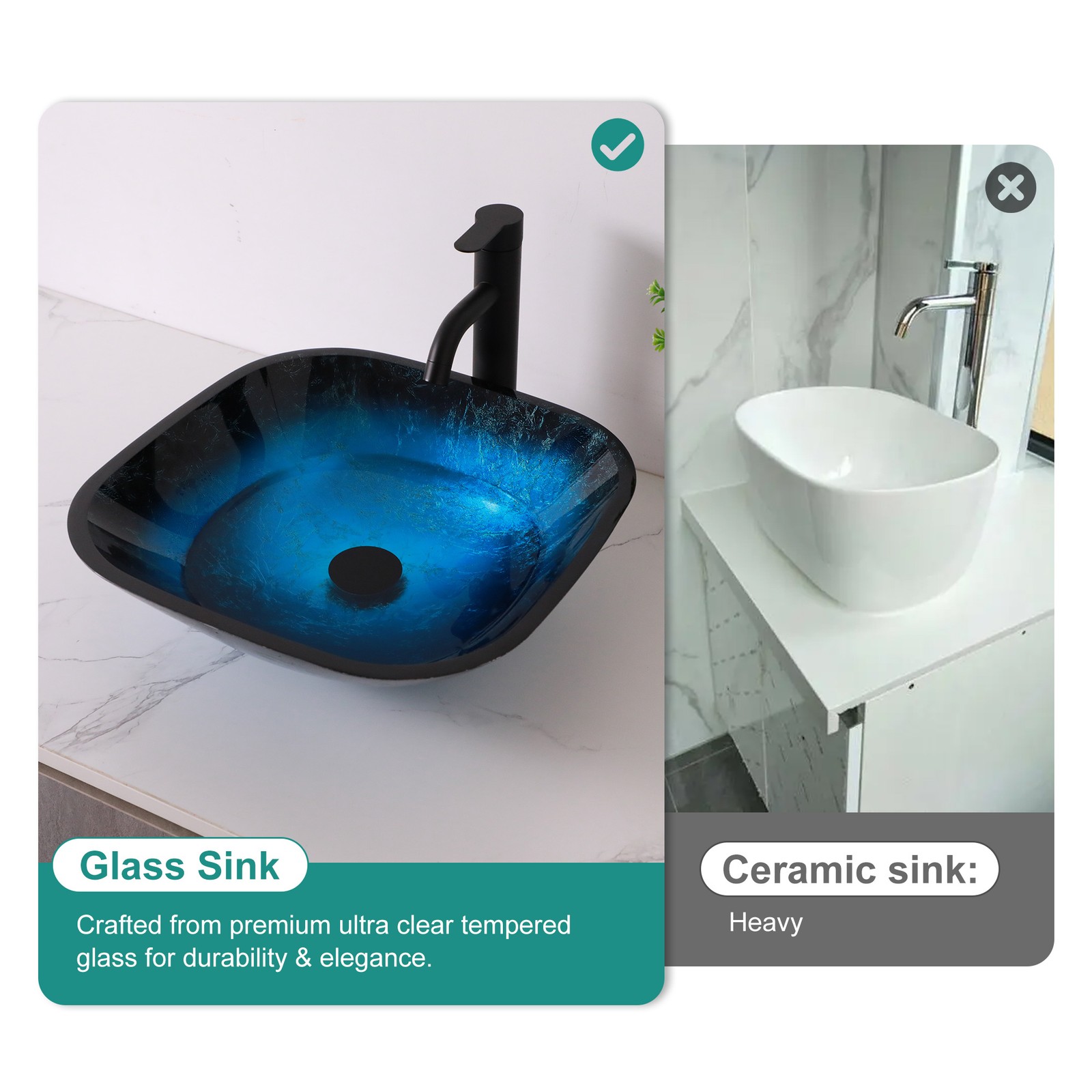 Bathroom Artistic Tempered Glass Vessel Bathroom Sink w/Faucet & Pop-up Drain