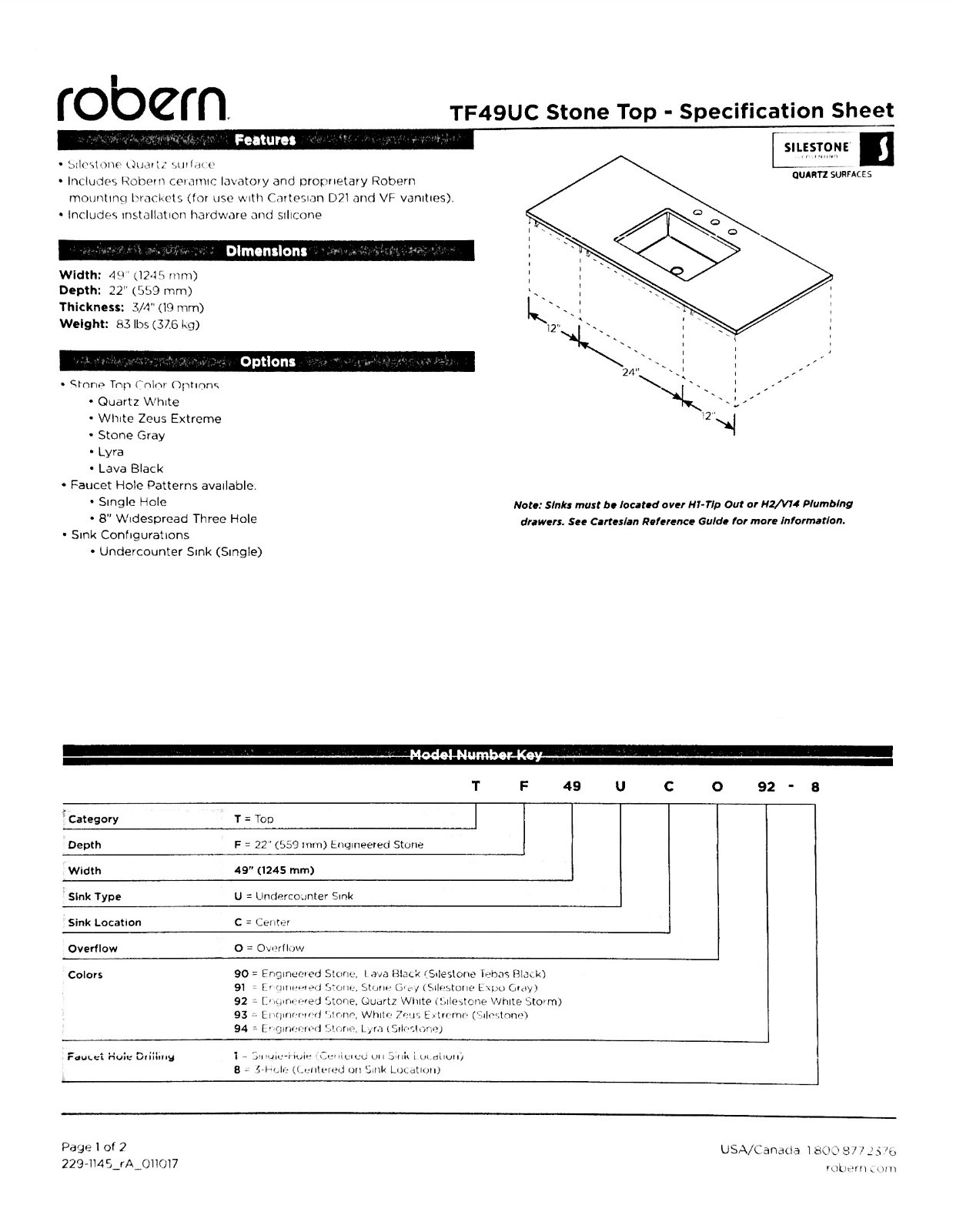 Robern TB49UC092-1 – 49″ Silestone Quartz Stone Bathroom Vanity Top w/ U/M Sink