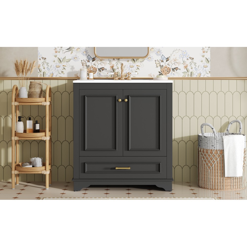 30″ Solid Wood Bathroom Vanity w/Ceramic Sink,2 Soft Close Doors,Storage Cabinet