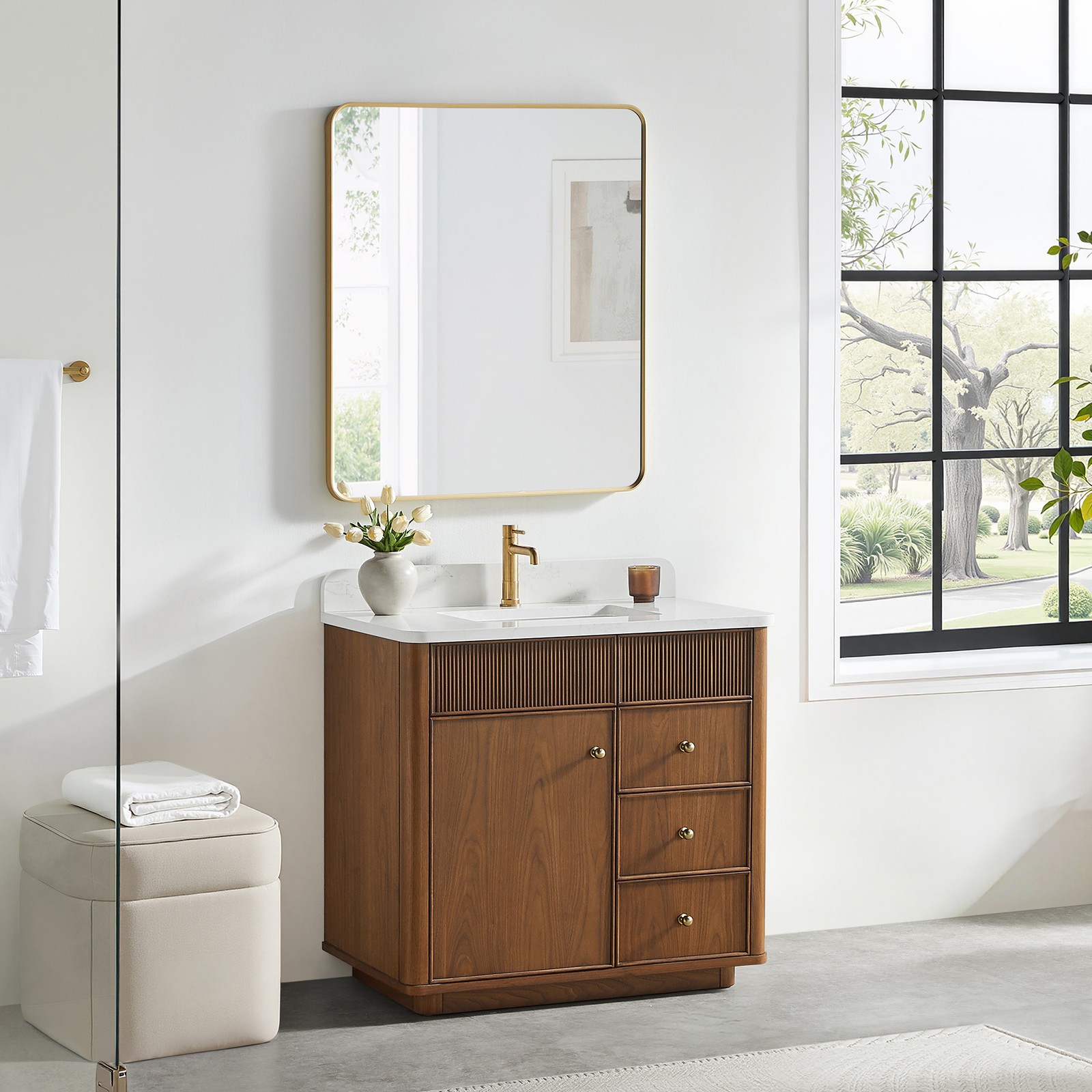 Zogno 36″ Single Sink Bath Vanity in Natural Walnut with White Grain Stone Top