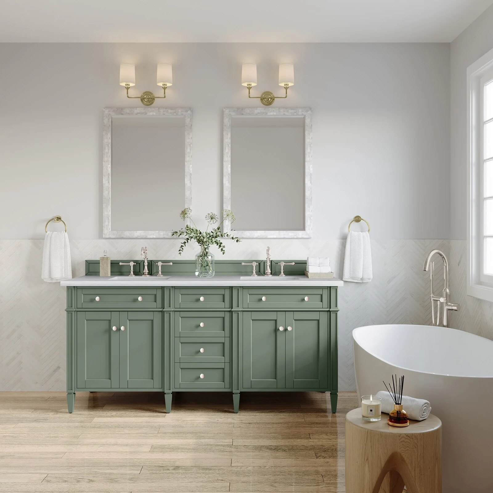 60″ James Martin Brittany Sage Green Double Bathroom Vanity + White Marble Top