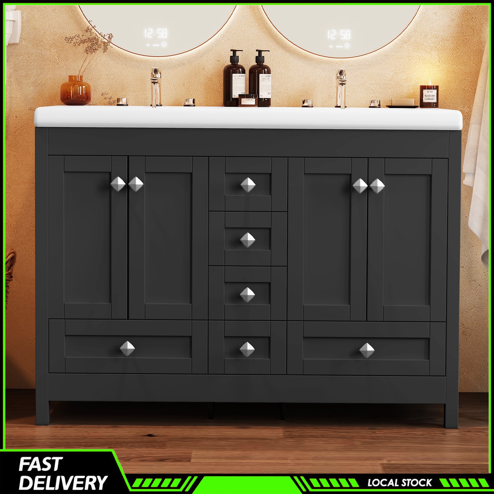 Modern 47 Inch Black Freestanding Bathroom Vanity Double Ceramic Sinks 5 Drawers
