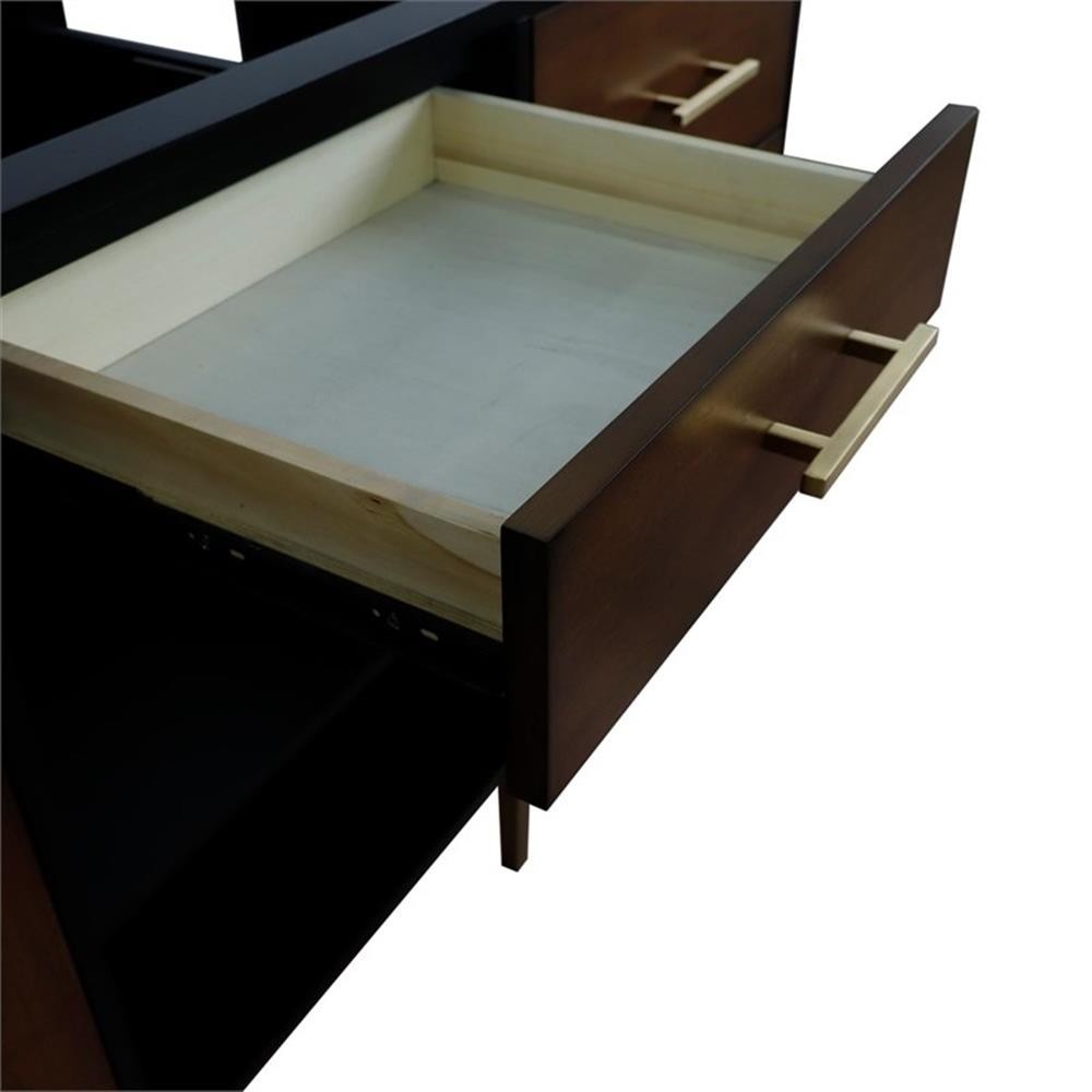 61 in. Double Wooden Vanity Walnut Black Gray Granite Round Sink