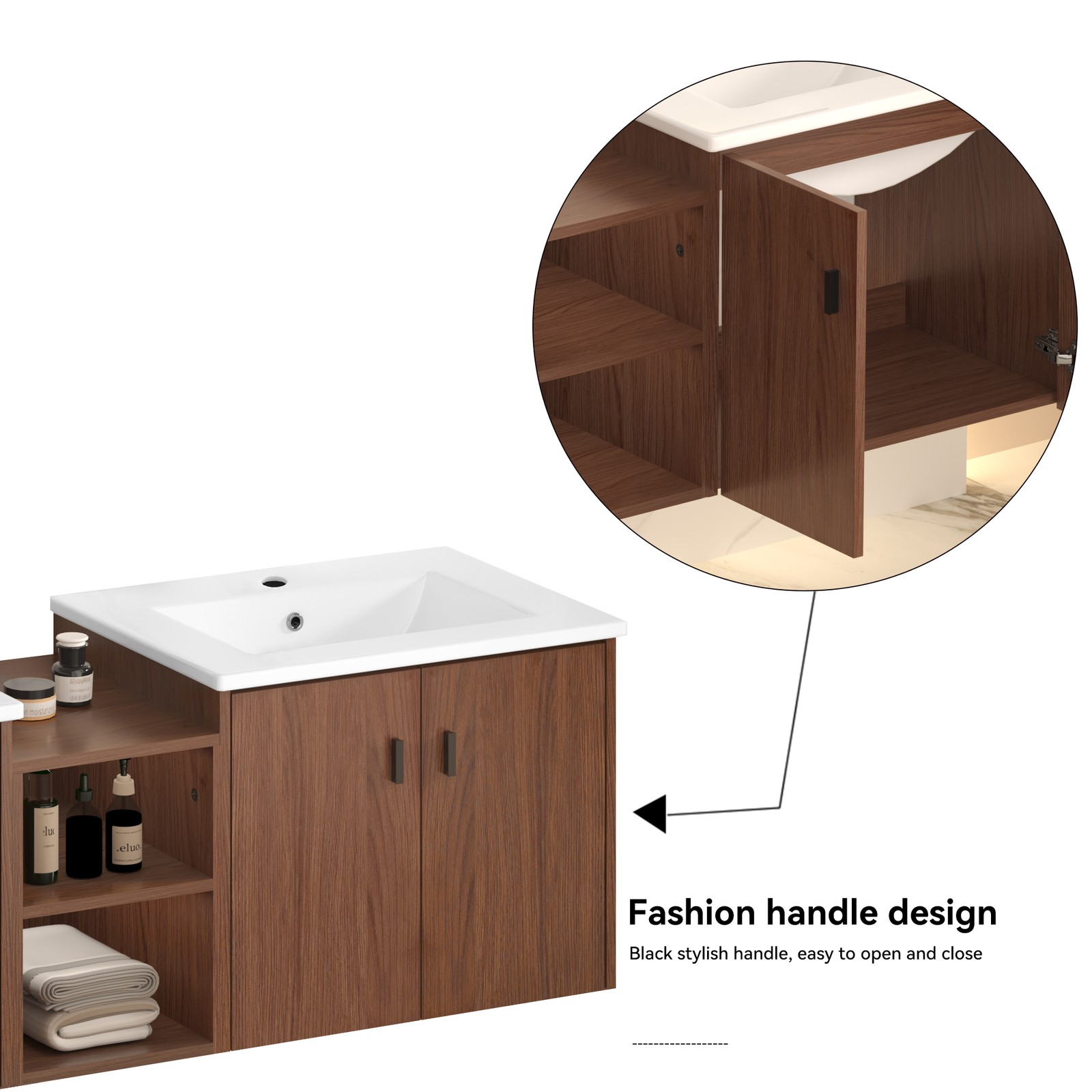 60in reddish brown Bathroom Vanity w/Storage Shelves & Soft Close Doors