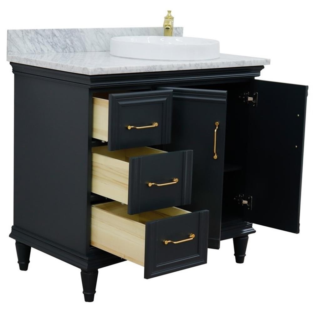 37 in. Single Wooden Vanity Dark Gray White Carrara Round Right Door.Right Sink