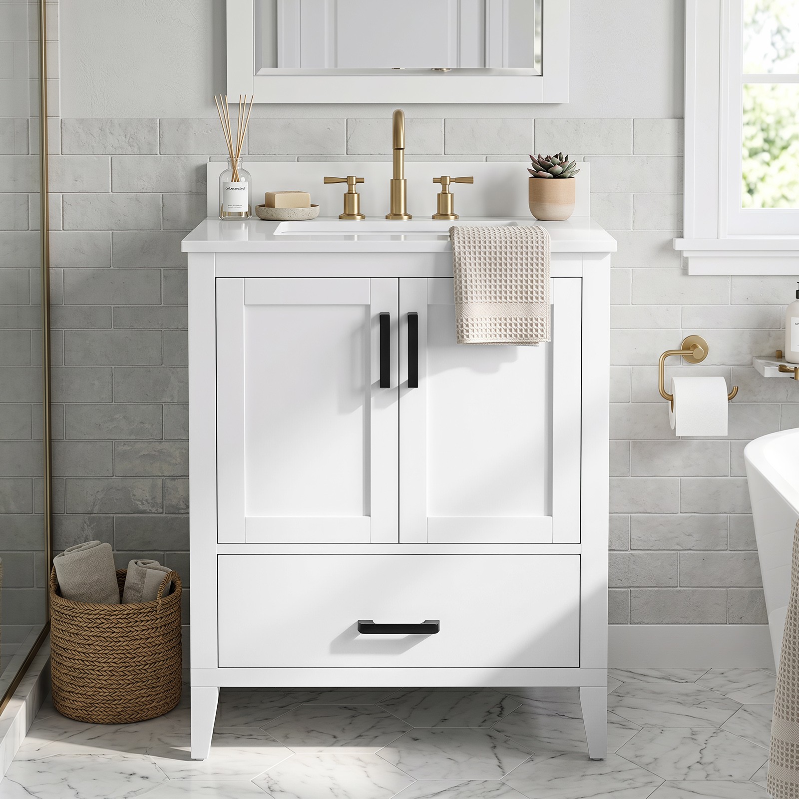 24.5” Modern Bathroom Vanity w/Sink, 2 Doors & Drawer, Rubber Wood Legs, White