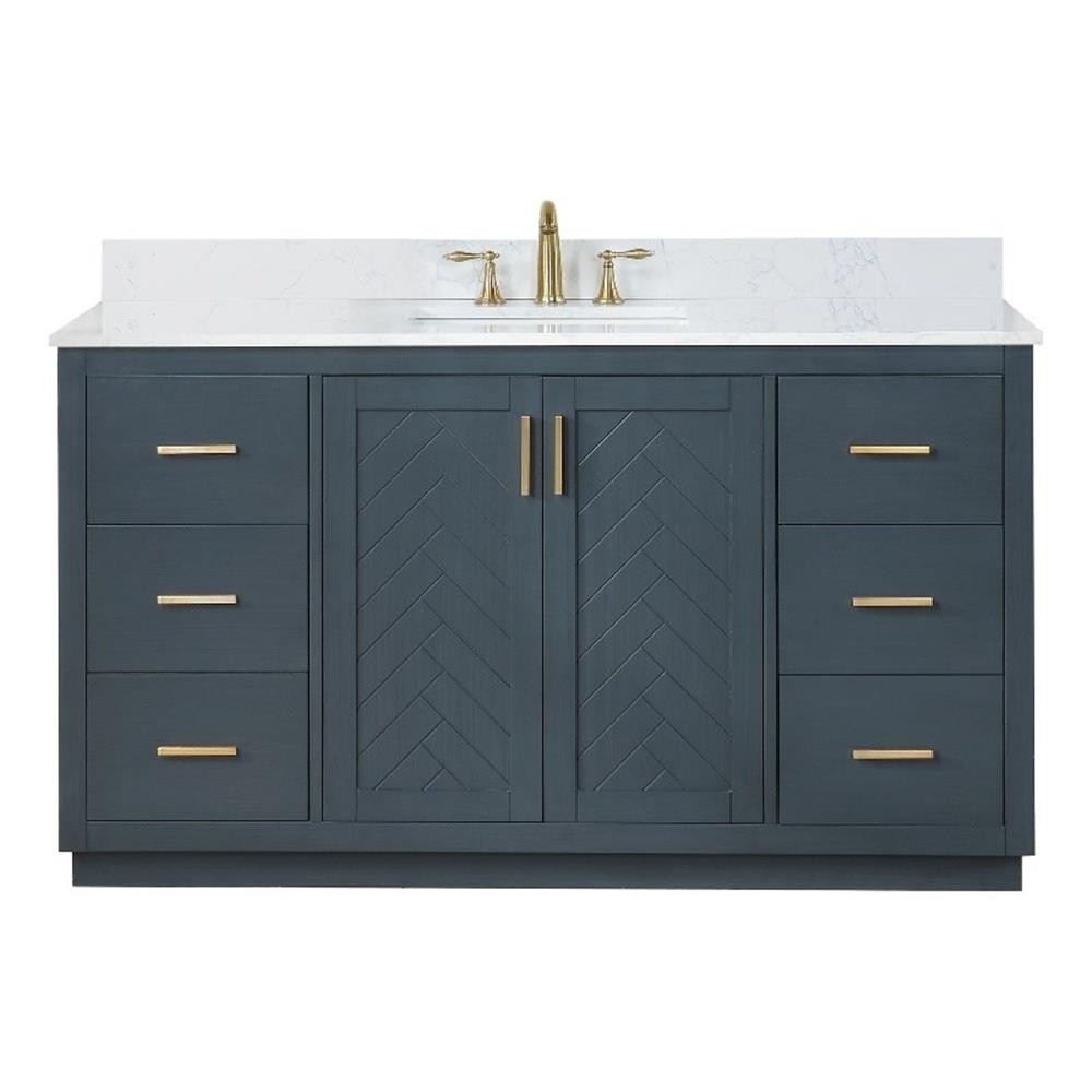 Pemberly Row 60″W Wood Vanity – Classic Blue with Composite Stone Top