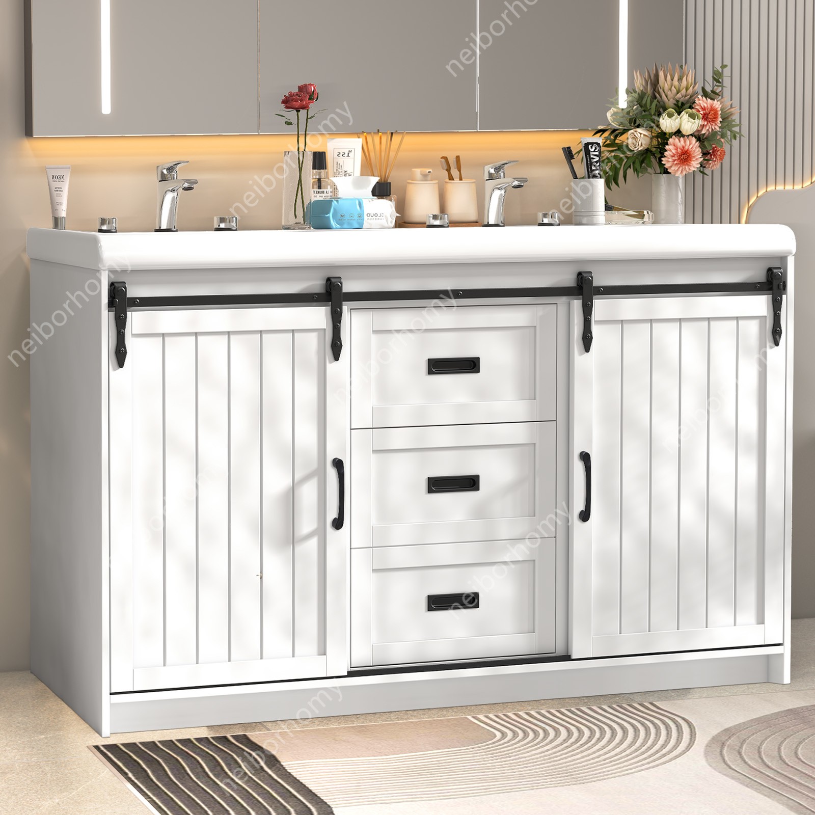 47″ Bathroom Vanity Cabinet Freestanding Storage Compartment And 2 Ceramic Sink
