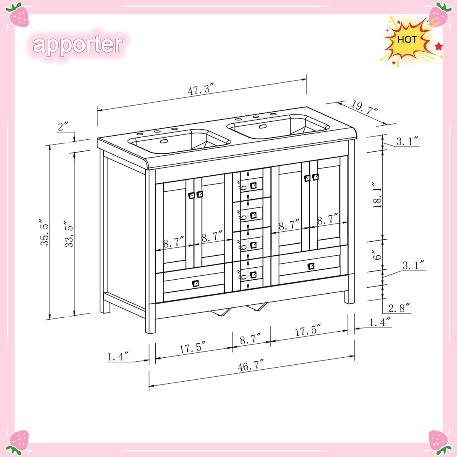 47in White Bathroom Vanity Double Sink Ceramic Freestanding Cabinet 5 Drawers US