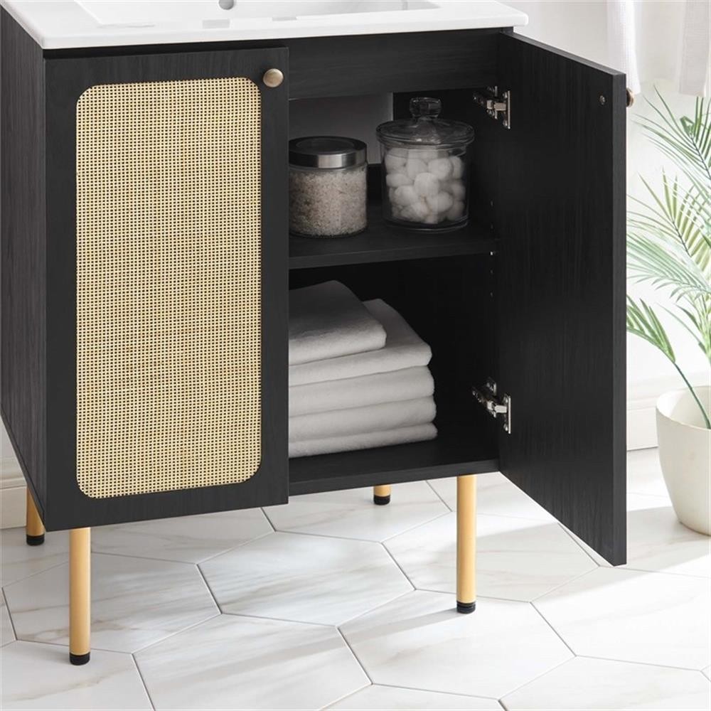 Pemberly Row 24″ Wood & Rattan Bathroom Vanity in Black/White
