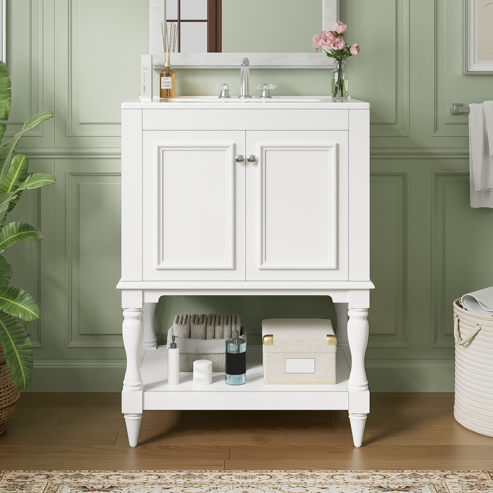 24″ Modern Bathroom Vanity w/ Ceramic Sink & Storage, White