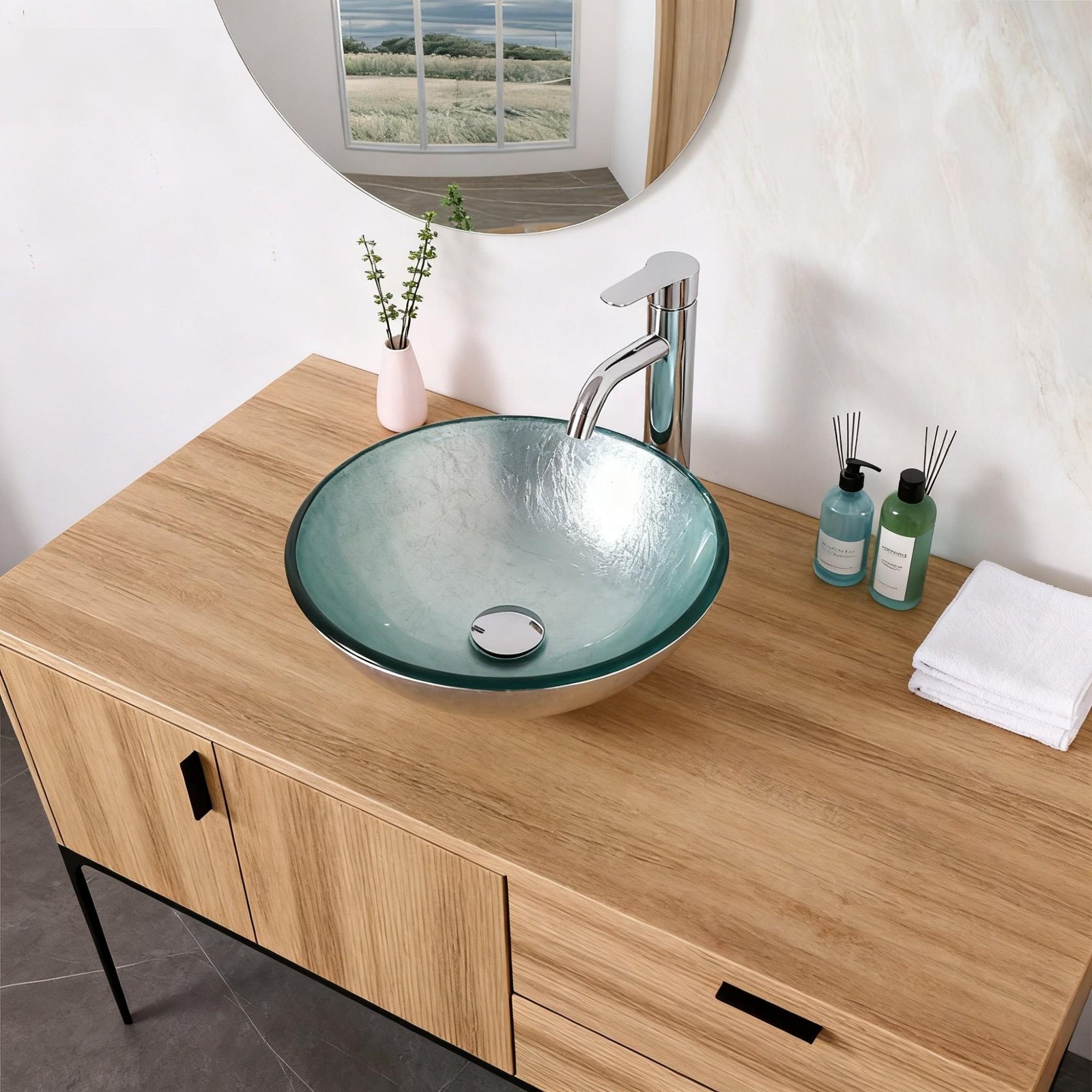 Bathroom Artistic Tempered Glass Vessel Bathroom Sink with Pop-up Drain