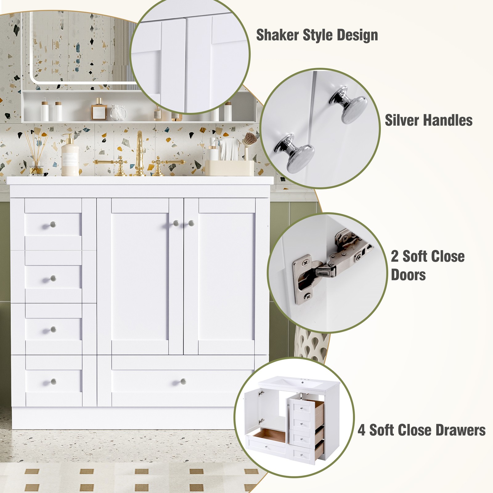 36″ Bathroom Vanity w/Sink Storage Cabinet with 4 Soft-close Drawers & 2 Door