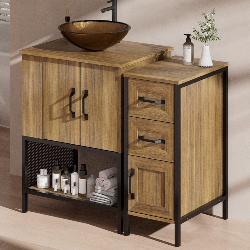 36” Bathroom Vanity with Glass Sink Solid Wood Frame Bathroom Storage Cabinet