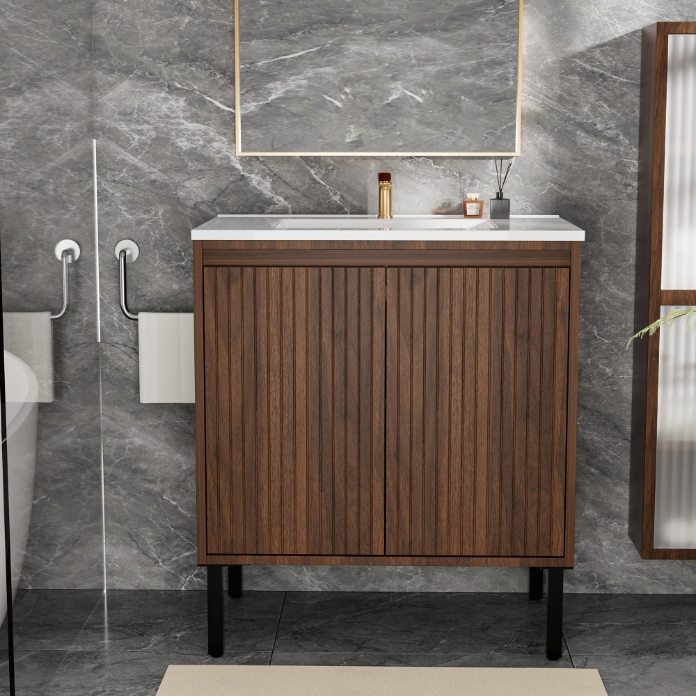 Modern Bathroom Vanity: White Sink, Soft Close Drawers, Walnut Wood Finish